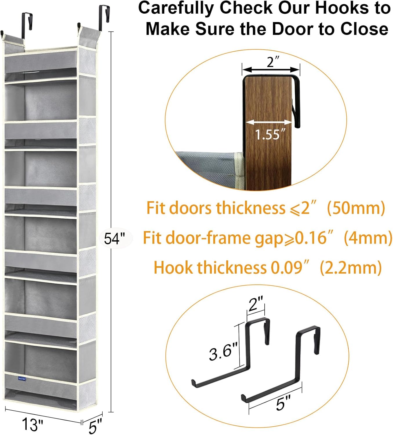 2 Pack Over The Door Hanging Organizer 6-Shelves and 12 Side Pockets, Over The Door Storage for Bathroom and Bedroom, Back of Door Organizers for Baby Products and Kid's Toys(13"x5"x54" Grey)