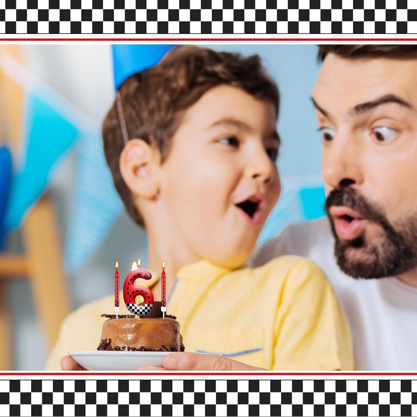 13PCS Racing Car Theme Birthday Candle Set with Checkered Flag Design - Durable Cake Topper for Race Car Party Decorations, Kids Birthday Supplies - Number 6 Candle for Racing-Themed Celebrations