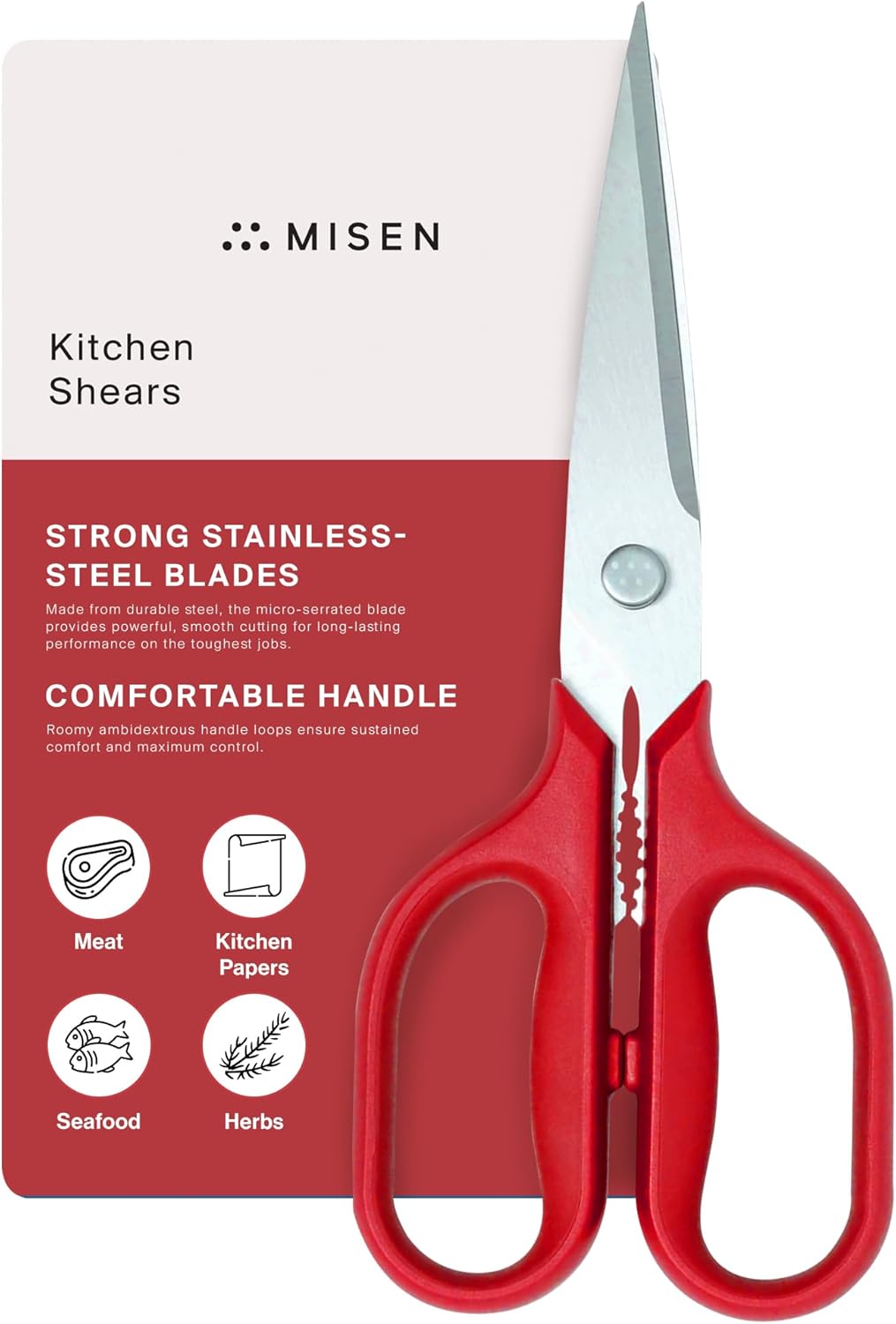 Misen Heavy Duty Kitchen Shears - Versatile Scissors for Meat, Poultry & More - Easy Clean, Professional Grade - Ambidextrous Comfort Handle - Red