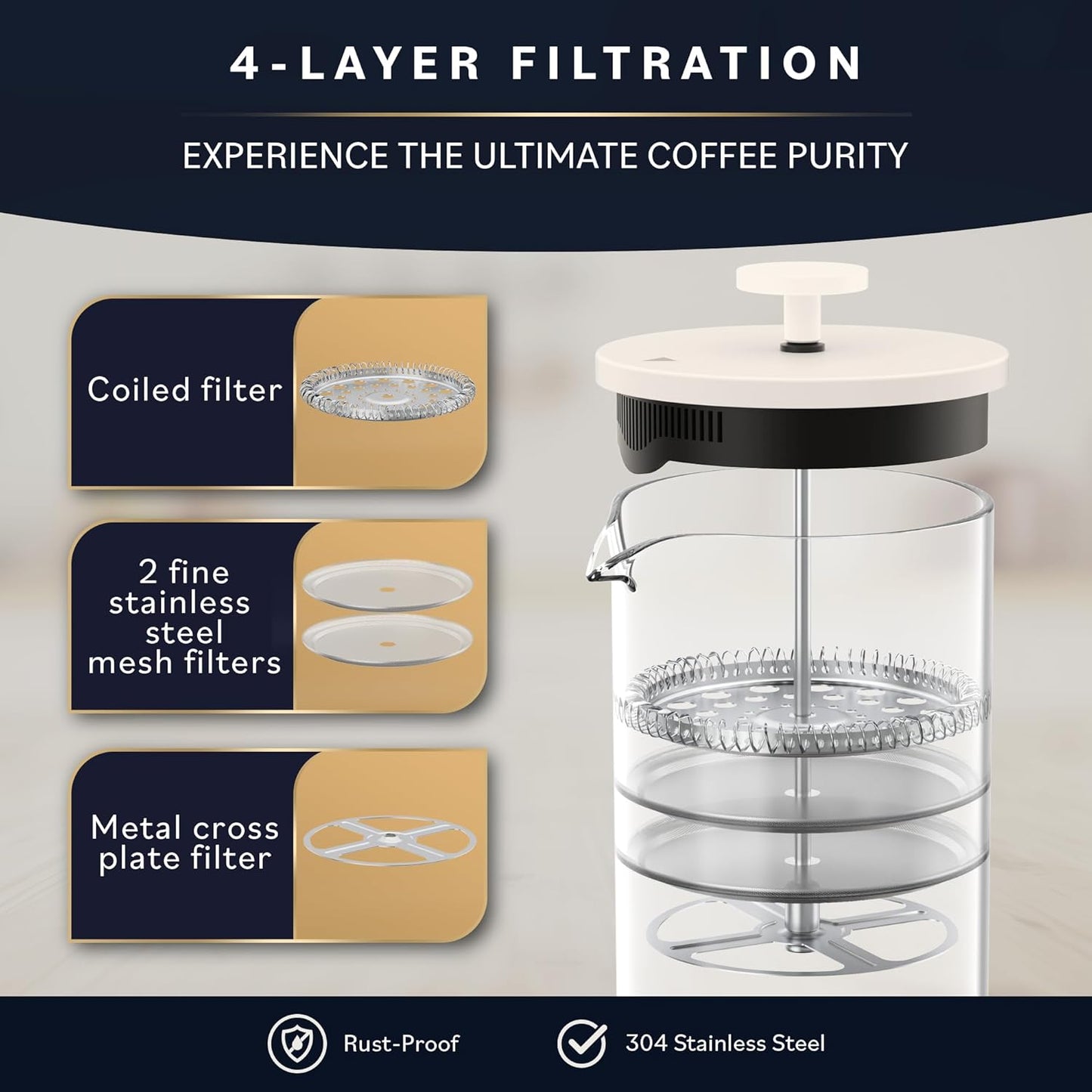 Home Hero French Press Coffee Maker - 34 oz Coffee Press with Bamboo Wood Handle, Heat Resistant Thick Borosilicate Glass French Presses, 4 Layer Filter, French Press Stainless Steel (Light Cream)