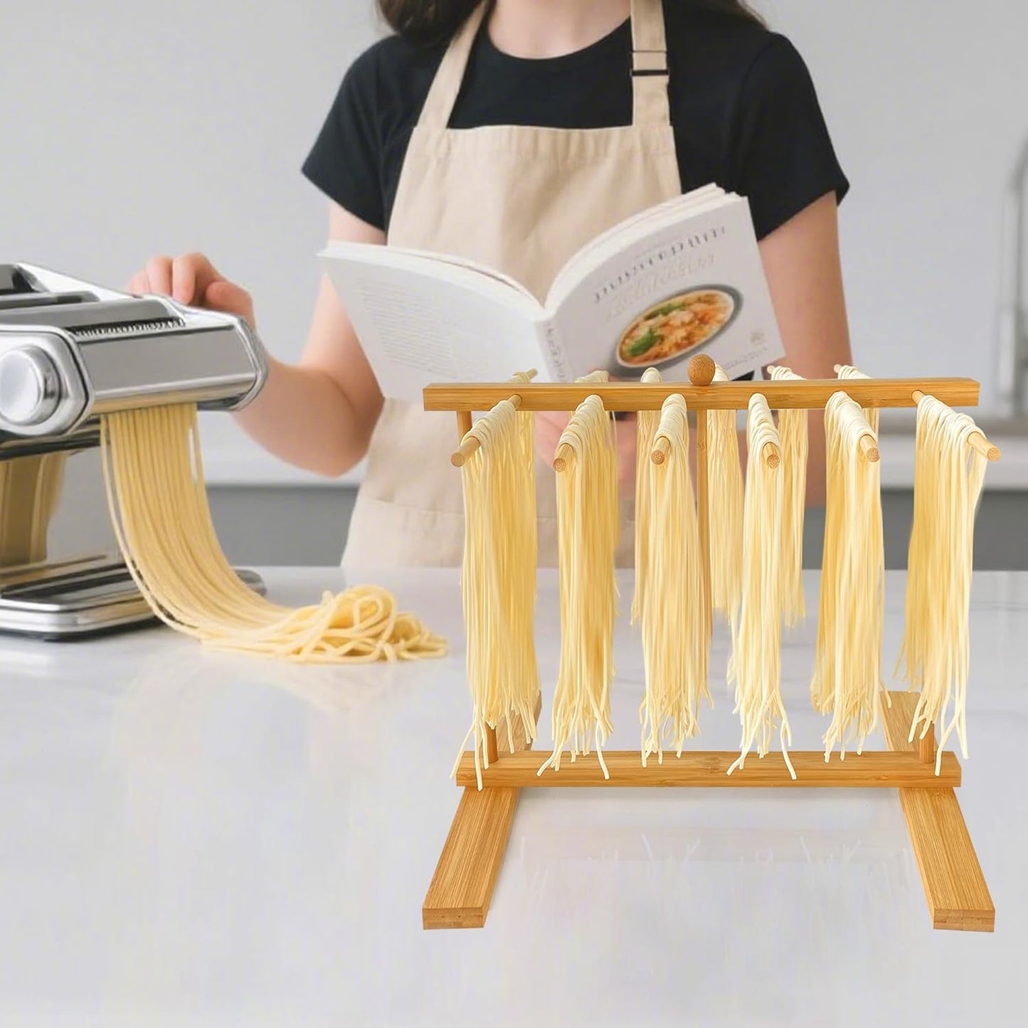Bamboo-Pasta-Drying-Rack With Transfer Wand & 14 Arms, Large Tall Collapsible Fresh Pasta Dryer Holder For Homemade Noodle, Spaghetti, Tagliatelle, Detachable Fettuccine Hanger Stand With 14 Bars