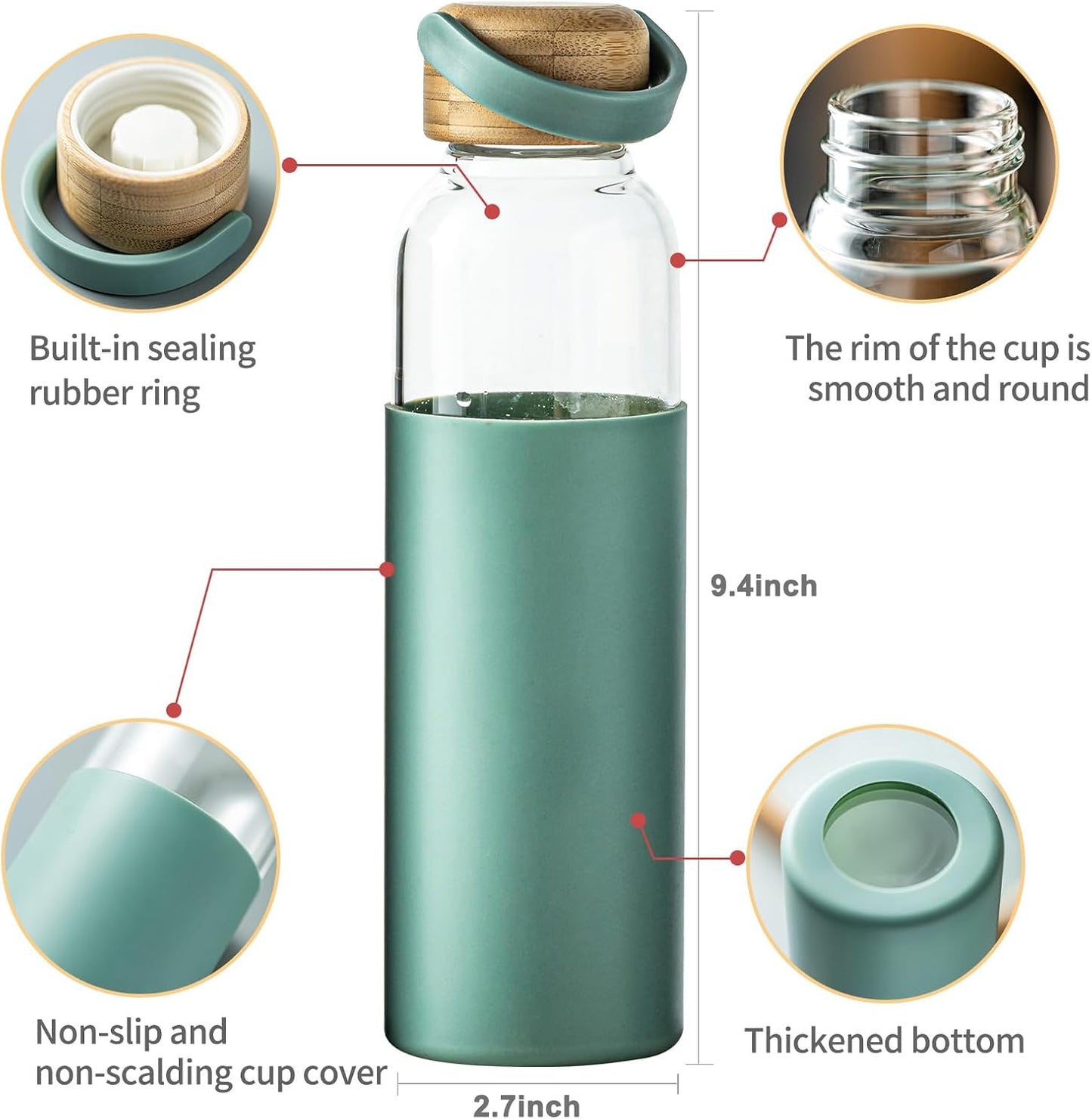 21oz Borosilicate Glass Water Bottles with Silicone Non-Slip Sleeve & Leak-Proof Lid-Reusable Drink Bottle for Office,Travel,Gym,Hiking-BPA Free,Ideal Gift for Home,Car &Fitness (Green)