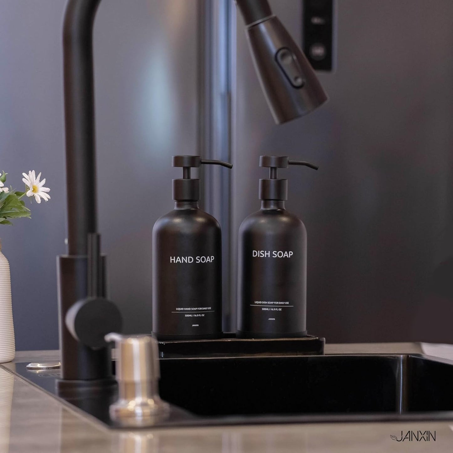 Glass Kitchen Soap Dispenser Set with Ceramic Tray,16.9 floz Hand and Dish Soap Dispenser for Kitchen and Bathroom Decor,Kitchen Accessories(Black Bottles +Black Pumps)