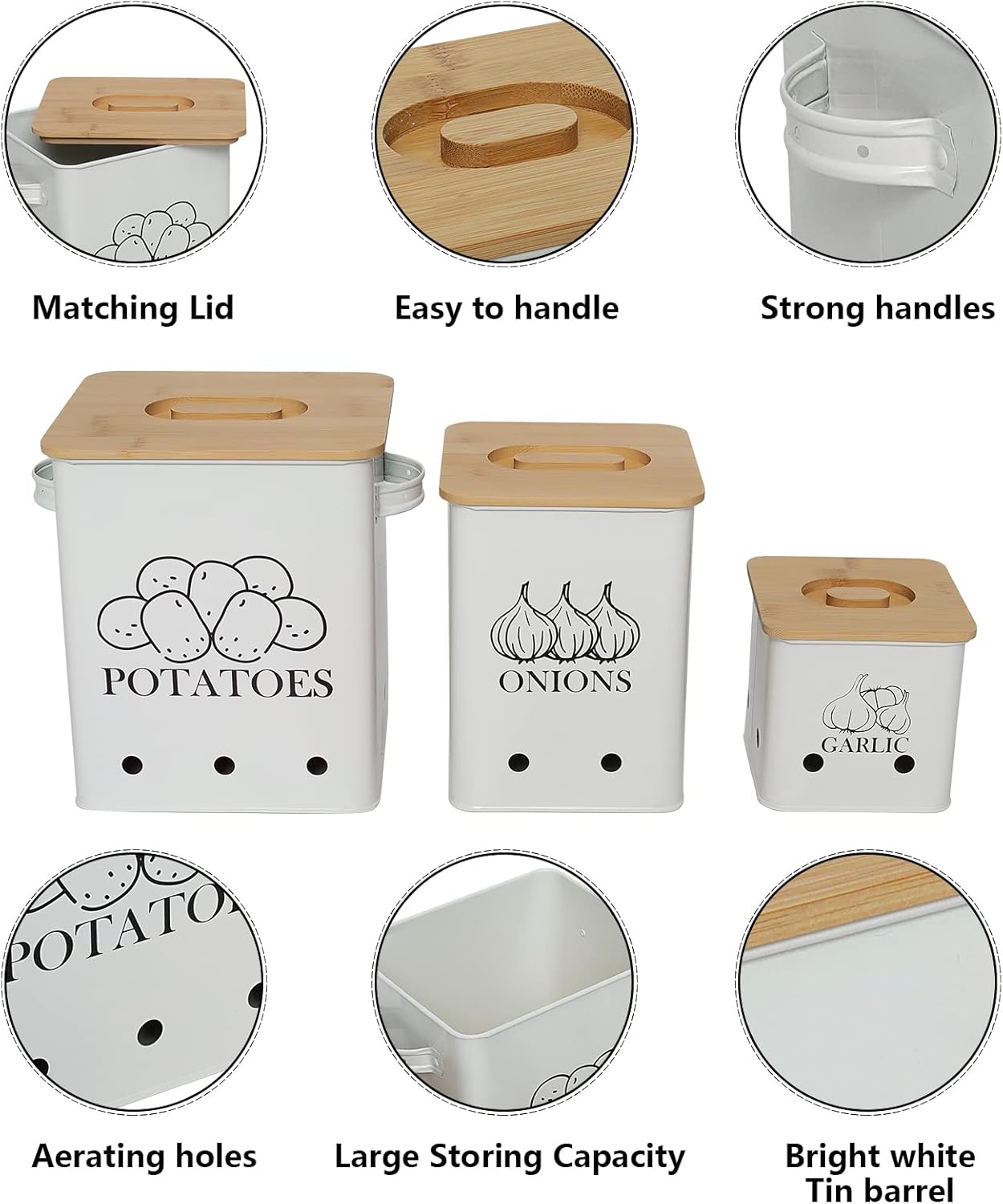 Kitchen Canisters Set, Storage Bin for Potato Onion & Garlic, 3 Pack Set Countertop Pots Containers with Wooden Lid - Potato Storage, Garlic Bin, Onion Keeper Tin with Aerating Holes-White