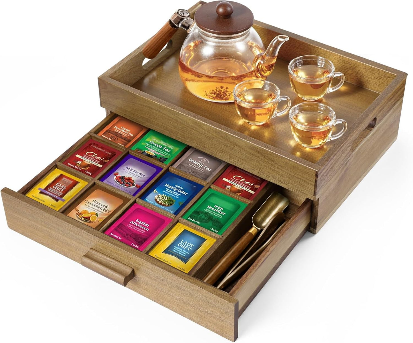 ANMINY Acacia Wood Tea Bag Organizer, Extra Large Tea Storage Box with 13 Compartments, 10MM Thick Wooden Teabag Holder Drawer Box, Tea Caddy Station Chest Containers for Countertop