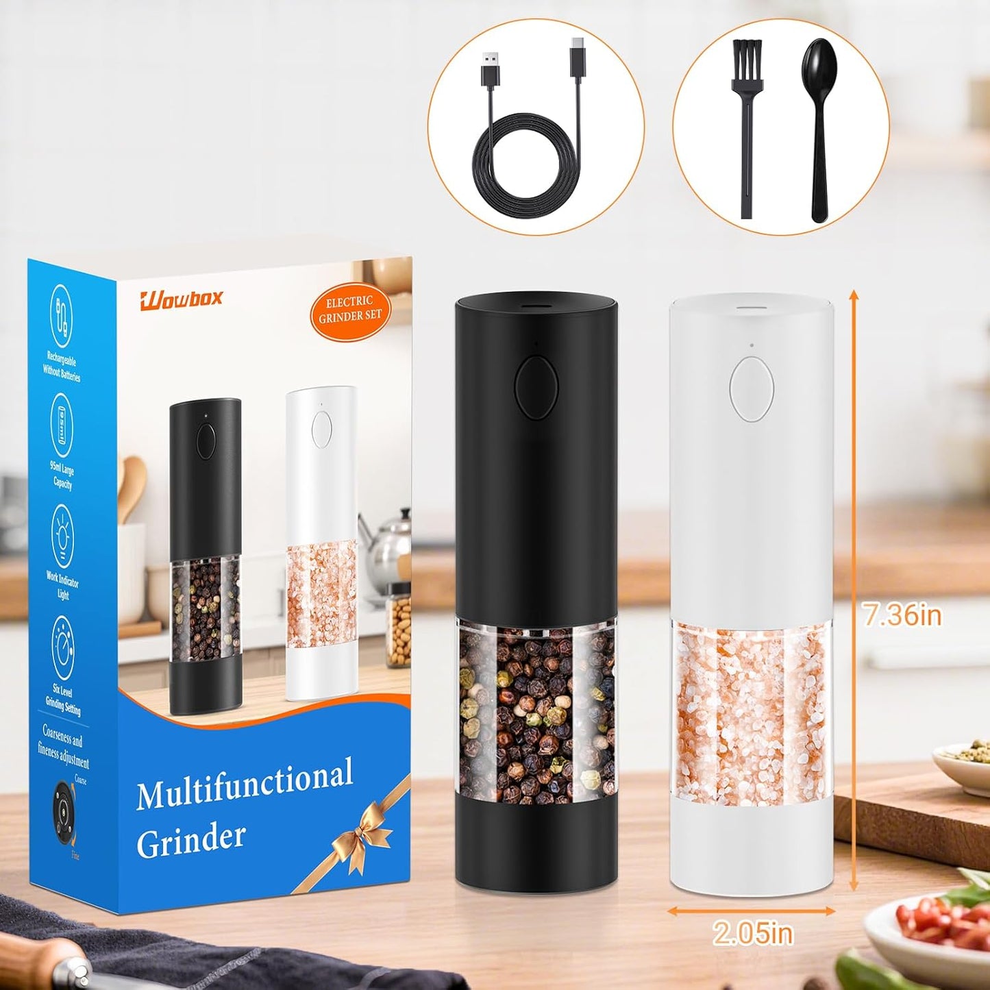 WOWBOX Electric Salt and Pepper Grinder Set 2 PCS, Automatic Coarseness, Rechargeable Salt and Pepper Shakers, Large Capacity Multifunctional, for Kitchen, Restaurant, Outdoor, BBQ (Black & White)