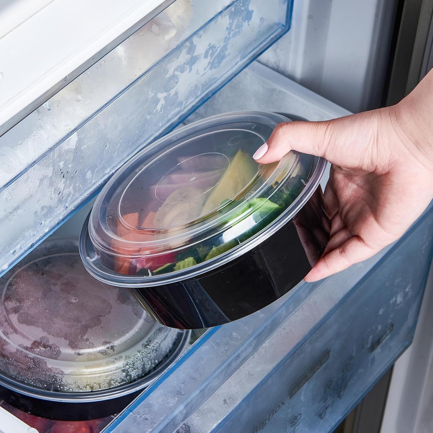 FULING 32 oz 50 ct Round Meal Prep Containers with Lids Plastic Food Storage Lunch Plan To Go Box Disposable Take Out Bowls Black BPA Free Reusable Durable Stackable Microwave Freezer Dishwasher Safe