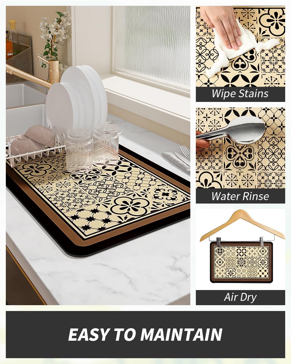 AMOAMI Coffee Mat Hide Stain Rubber Backed Absorbent Dish Drying Mat for Kitchen Counter - Fits Under Coffee Maker - KHAKI 16X24