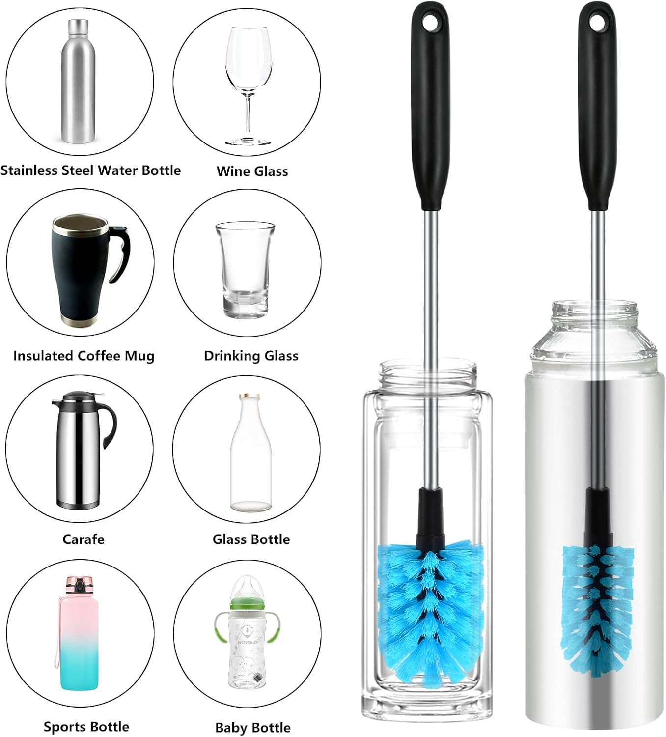 2-in-1 Stainless Steel Long Handled Water Bottle Brush, Multi-Purpose Bottle Scrubbing Brush, Soft Bottle Brush, Glassware Brush, Water Bottle Cleaner with Removable and Replaceable Brush Heads 15 in