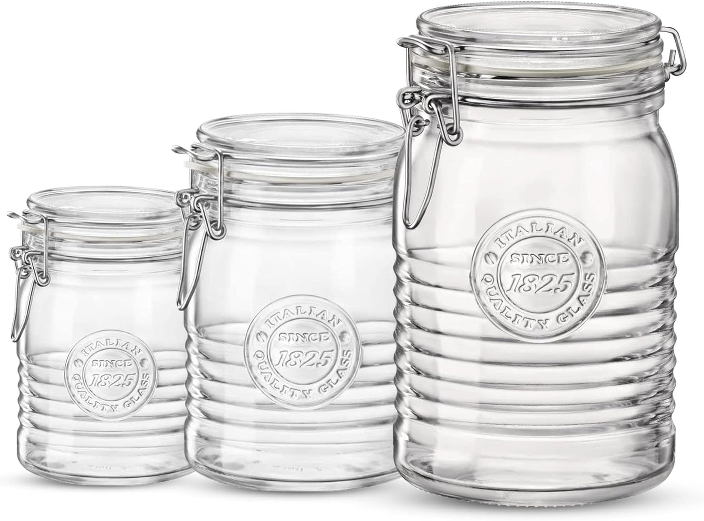 Bormioli Rocco Officina 1825, Set of 3 - Clear Glass Jars with Swing Top - Vintage Industrial Style Airtight Containers for Dry Food Storage, 33.75 Oz, 25.25 Oz, 17 Oz - Dishwasher Safe, Made in Italy