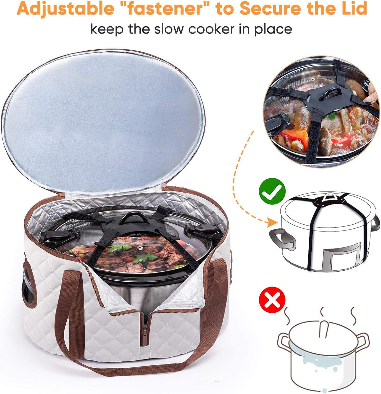 BAGSPRITE Double-layer Slow Cooker Carrying Case Compatible with 6-8 Quart Crockpot Carrier for Hot Food and Hamlton Beach Slow Cooker Tote with Lid Fastener for Crock-pot Dust Cover Applicances