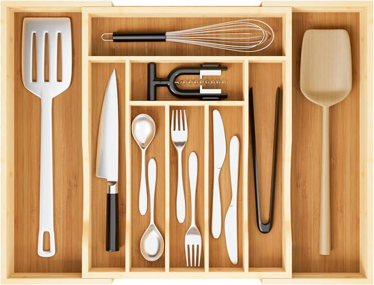 Expandable and Adjustable Bamboo Drawer Organizer Tray - Cutlery Drawer Organizer for Kitchen Utensils, Silverware Organizer with Dividers, 7-9 Slots with Curved Grooves (Natural)