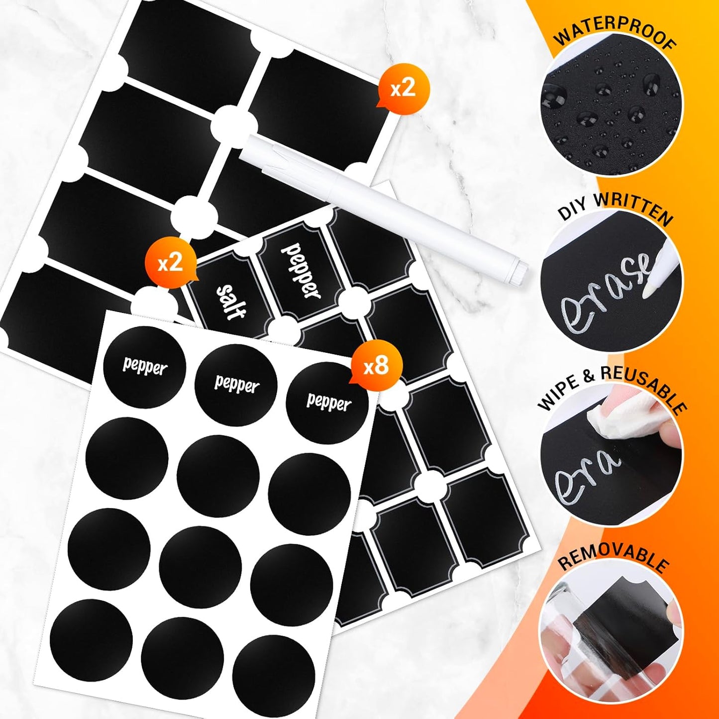 Segarty Glass Spice Jars, 3 Pack 10oz Large Spice Jar with Labels, Spice Container with Adjustable Shaker Lids, Salt Pepper Shakers Set Seasoning Bottles with 136 Stickers, 1 Chalk Marker and 1 Brush