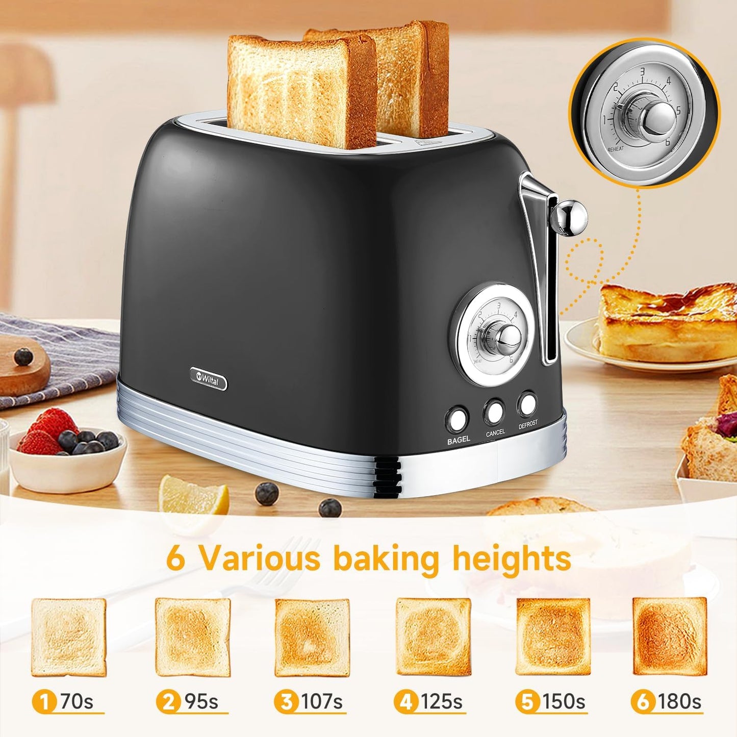 Glossy Black Cute Retro Toaster 2 Slice with 1.58" Wide Slots, Bread toaster with Cover and Warm Rack, Stainless Steel Toaster with Removable Crumb Tray, Preheat, Defrost, Cancel Function