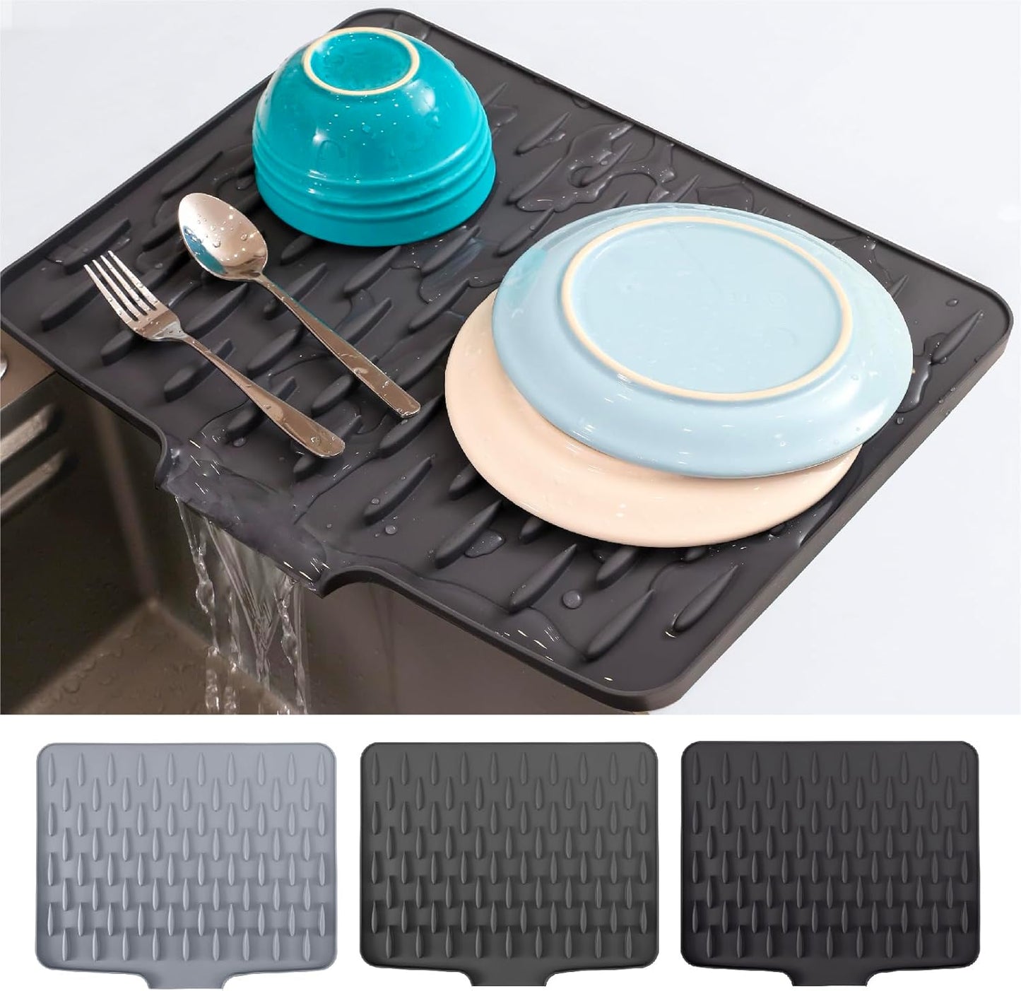 CHIKILLA Silicone Dish Drying Mat for Kitchen Counter, Fast Drainage Design for Vegetables Fruits, Heat Resistant, Non-Slip , Dishwasher Safe – 15.7x13 inch Graphite Gray