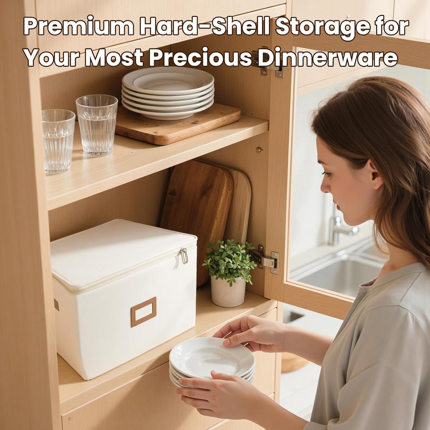 HOMELUX THEORY Dessert Plate Storage Box, 2pc Ivory Hard Shell China Storage Containers 24 Felt Pads, Kitchen Storage Bins With Lids, Heavy Duty Moving Box for Dishes, Dinner Plate, & Dinnerware