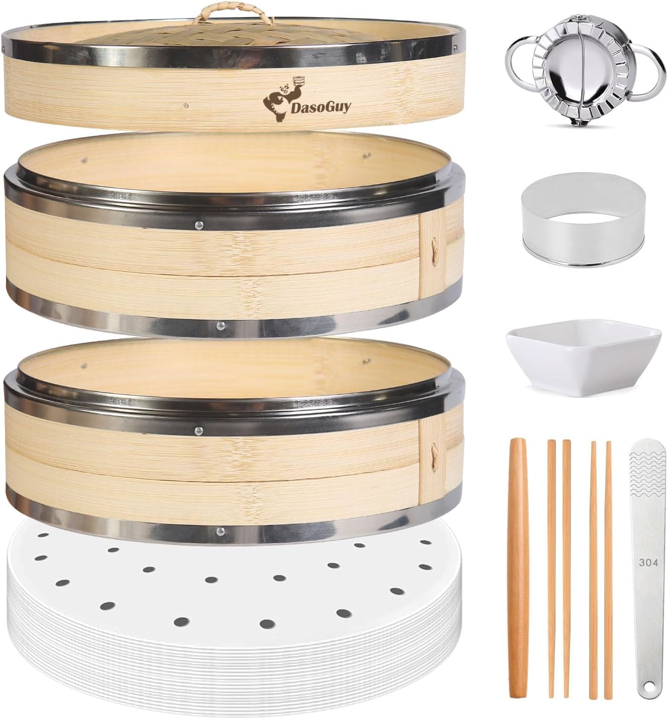 Bamboo Steamer Basket, Stainless Steel Reinforced Rim, 12-Inch 2-Tier Steamer for Cooking, 50 Liners Chopsticks Sauce Dish Dumpling Makers, Steaming Asian Food Bao Buns Dim Sum Rice Veggies Steam Pot