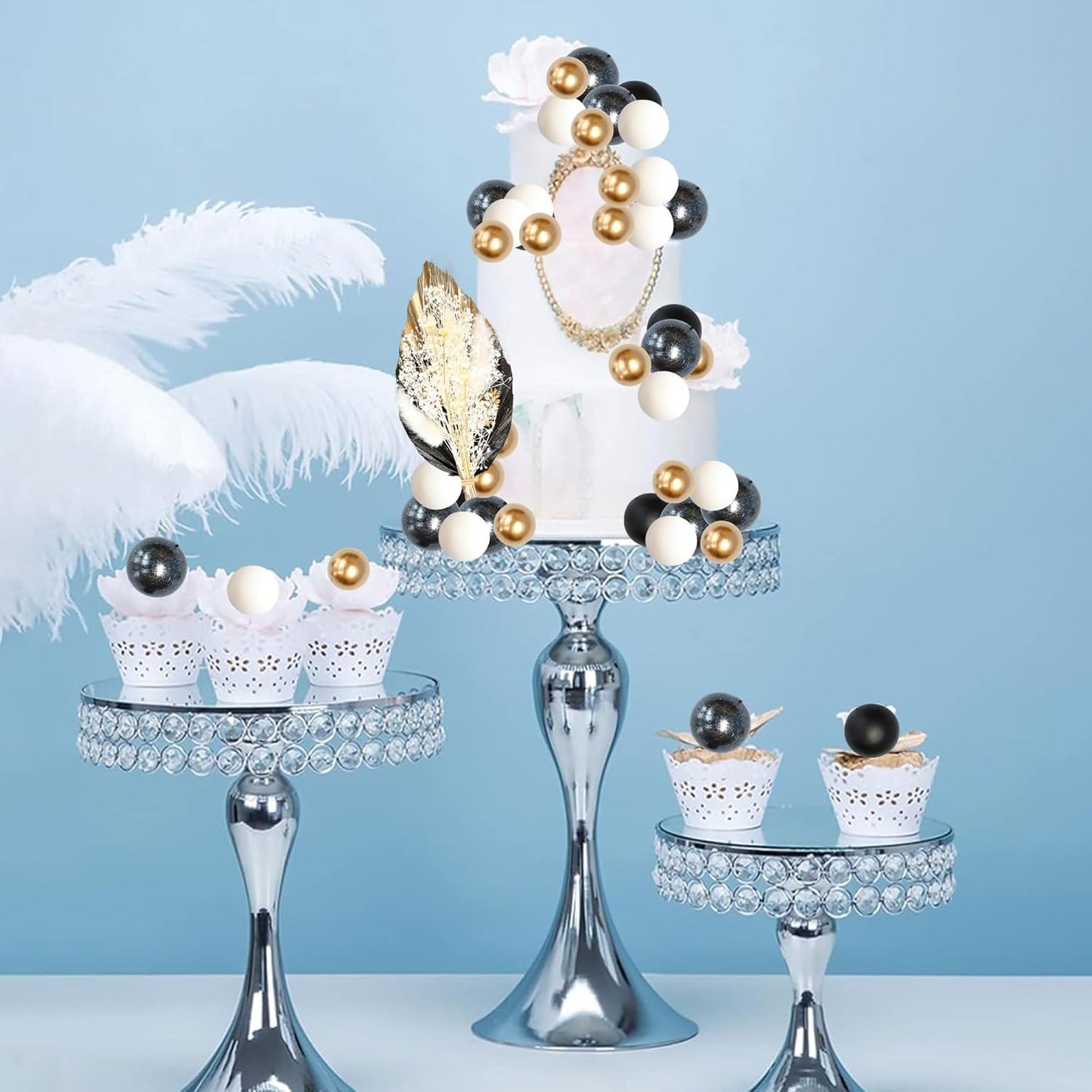 Gyufise 21 Pack Flower Boho Cake Topper Ball Cake Decorations Palm Leaves Plants Cake Decor for Girl Bohemian Princess Theme Wedding Baby Shower Birthday Party Supplies Black Gold