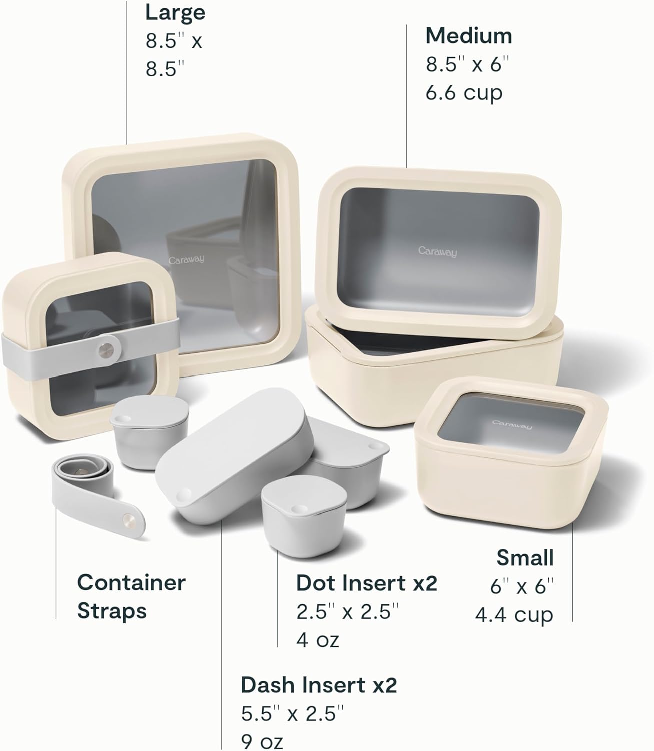 Caraway 14pc Glass Food Storage Container Set - Easy to Store, Non Toxic Lunch Box - with Glass Lids - Includes Storage Organizer & Dot & Dash Inserts - Cream