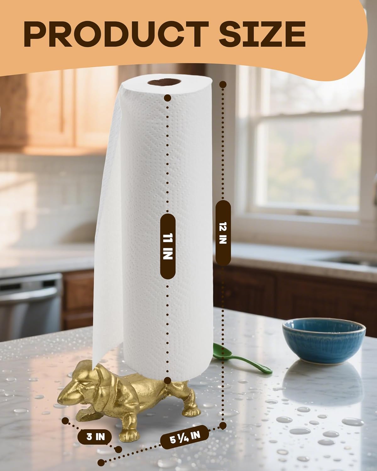 Gold Dog Paper Towel Holder for Kitchen & Bathroom - Decorative Cast Iron Free Standing Paper Roll Stand with Heavy Base, Slim Design Counter Organizer for Home, Apartment & Office