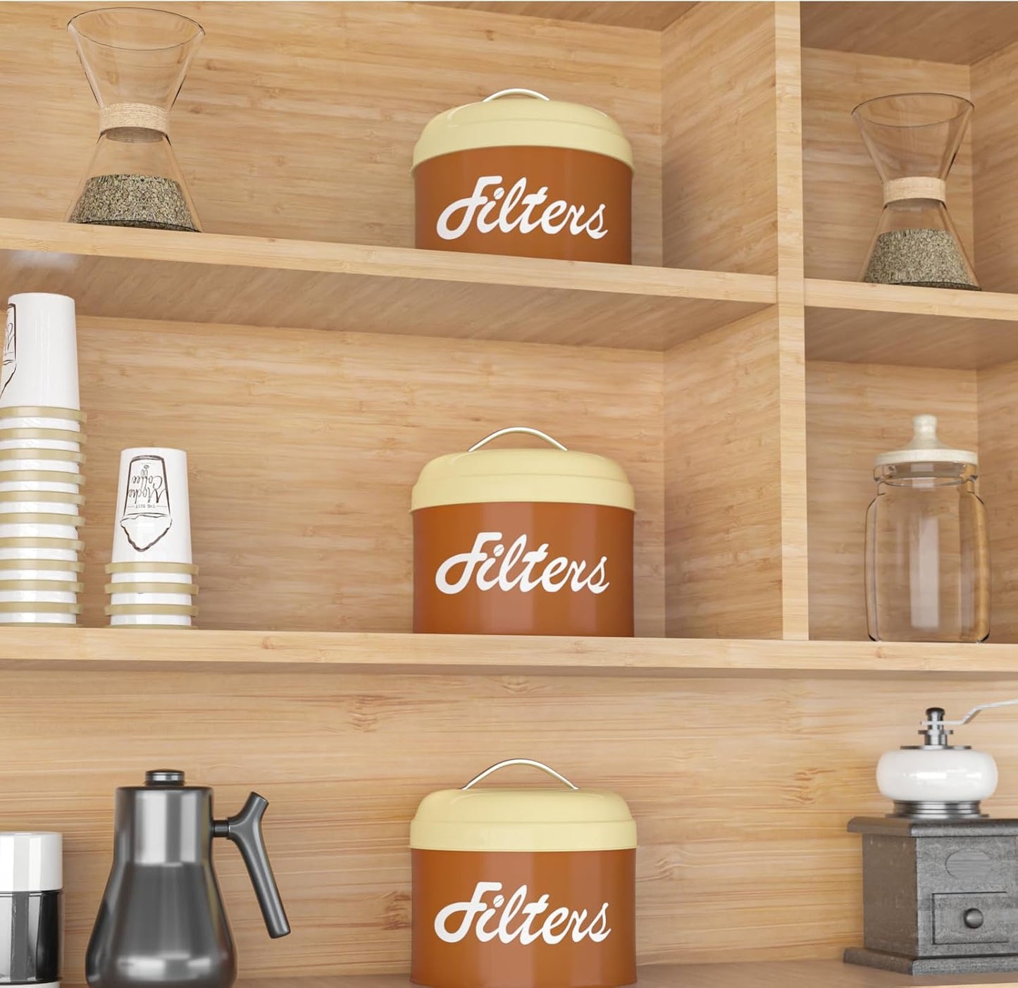 Brown Basket Coffee Filter Holder with Lid - Round Storage Container for Counter - Rustic Farmhouse Coffee Bar Accessories Decor