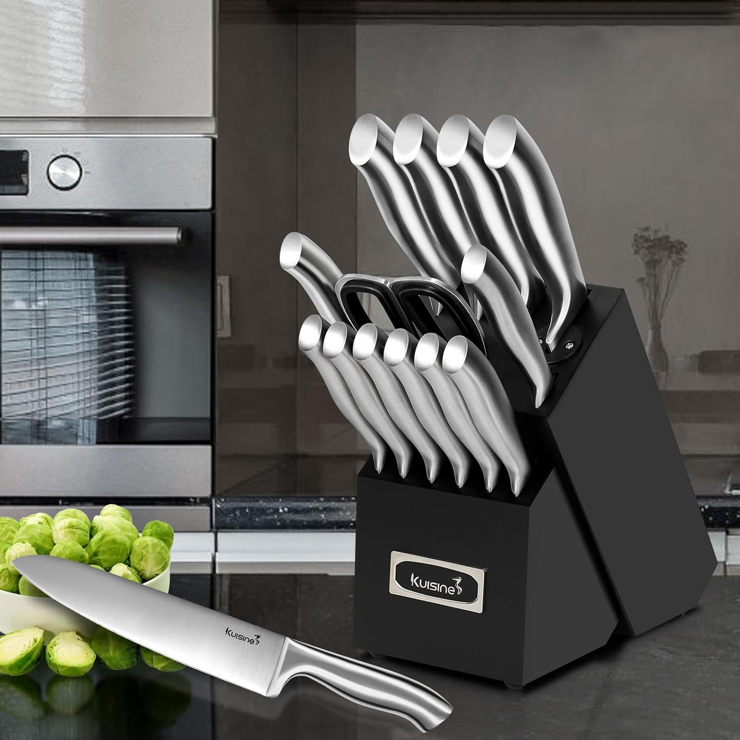 Kuisine Sharp Knife Set,One-piece Molding,Sharper Blade Ergonomic Non-slip Steel Handle,Block Knife Set Chef Knife Set with Built-in Sharpener(Black,15PCS)