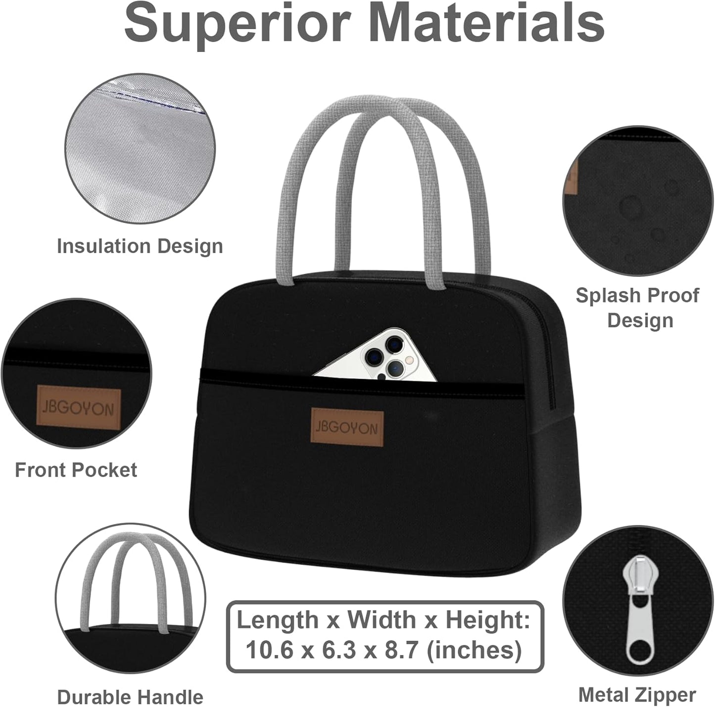 JBGOYON® Bento Lunch Box Set - 3 Stackable Containers for Adults and Kids- Includes Lunch Bag, Leak-Proof and BPA-Free - Built-in Utensil Set and Snack Bag - Dishwasher Safe(Grey Black)