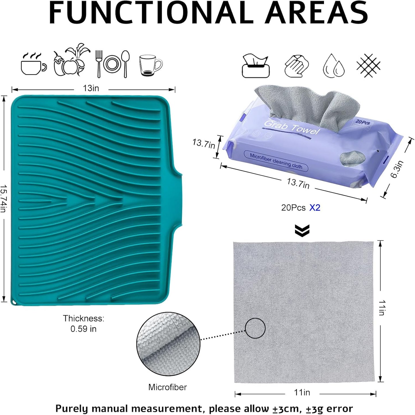 Silicone Dish Drying Mat, Stone Drying Mat for Kitchen Counter with Built-in Drain, Non-Slip 15.8" X 13" Drying Matt Kitchen Counter and Grey Microfiber Cleaning Cloth, Cleaning Rags Set(Green)