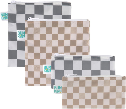 Bumkins - Cloth Snack & Sandwich Bags - For Storage, Travel, Food Prep, Lunch - Reusable, Water Resistant, Washable, Dishwasher Safe - Snack Bags for Kids - Zipper Closure - Check - 4 Pack