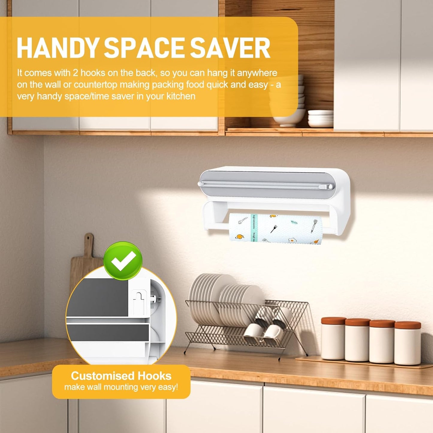 2 in 1 Kitchen Organizer with Cutter, Aluminum Foil & Plastic Wrap Dispenser, Paper Towel Holder