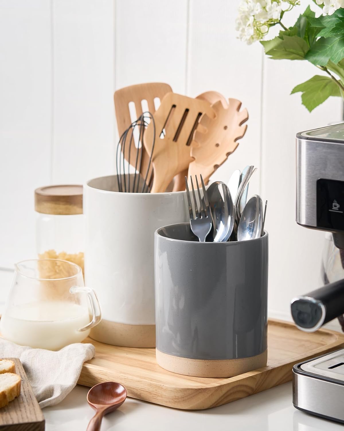 famiware Milkyway Kitchen Utensil Holder for Countertop, Ceramic Cooking Utensil Crocks for Kitchen Counter, Utensil Organizer for Spatula & Spoon, Set of 2, White and Dark Gray
