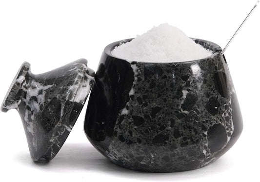 Marble Salt Cellar with Lid & Spoon Black Zebra 3" Inches Stone Salt Holder for Counter, Salt and Spice Jar Seasoning Containers