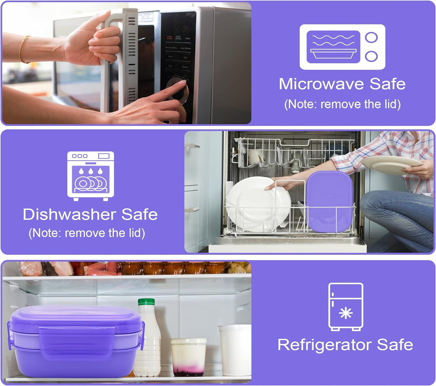 JBGOYON® Bento Lunch Box with Bag - All-in-One Stackable Lunch Containers with 3 Layers for Adults & Kids, 1900 ML Modern Bento-Style Design, Built-in Utensil Set, Lunch Bag (Purple)