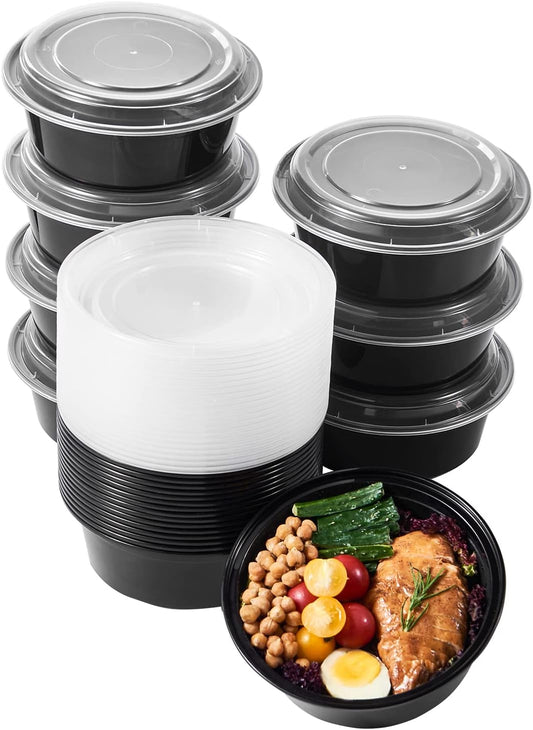 FULING 32 oz 50 ct Round Meal Prep Containers with Lids Plastic Food Storage Lunch Plan To Go Box Disposable Take Out Bowls Black BPA Free Reusable Durable Stackable Microwave Freezer Dishwasher Safe