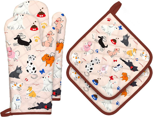 Dogs Oven Mitts and Pot Holders Sets 4Pcs, 100% Cotton Heat Resistant, Extra Long Oven Gloves Potholder for Kitchen Cooking Baking Decoration