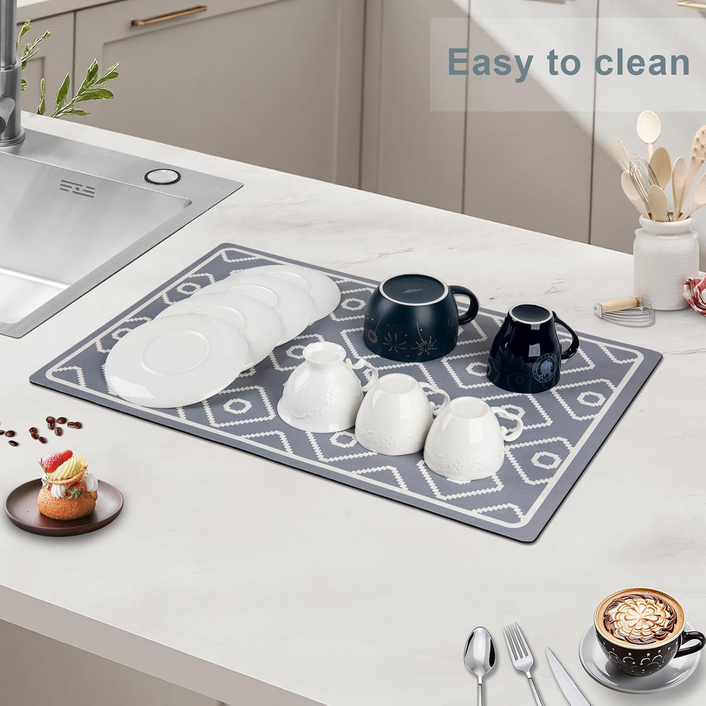 SUEH DESIGN Dish Drying Mat, Absorbent Coffee Mat 19.6 x 11.8 in Quick Dry Kitchen Drying Dish Drain Mat for Kitchen Counter Coffee Bar, Gray