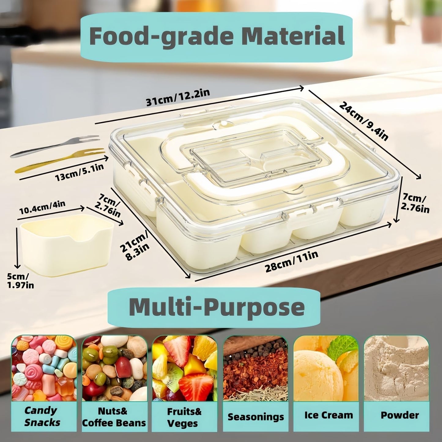 2 Pack Snackle Box Container, Divided Serving Tray with Lid & Handle, Portable Snack Box Food Organizer for Nuts,Candy,Fruits, Snack Platter with 8 Compartments&6 forks for Party, Picnic, Travel