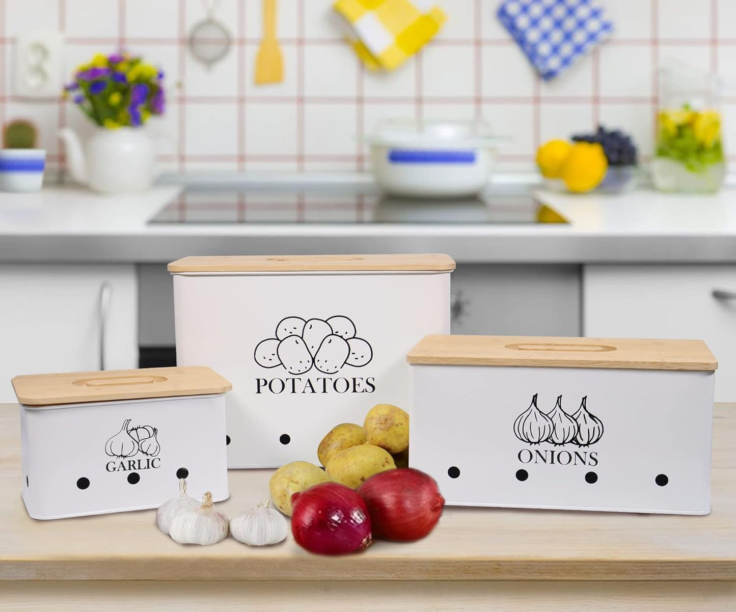Kitchen Vegetable Storage Tins Set of 3 for Potato Onion & Garlic with Wooden Lid, Kitchen Storage Canisters Set, Long Shelf Life - White
