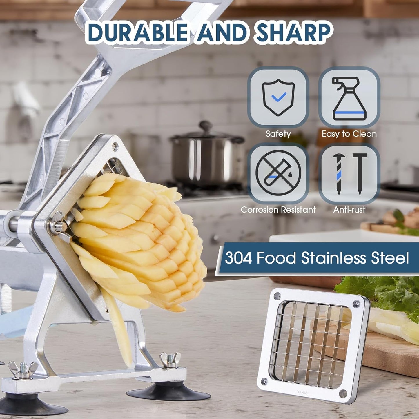 Commercial French Fry Cutter Stainless Steel Potato Cutter for with 1/2,1/3 and 3/8 Inch Blade, Heavy Duty Potato Slicer Manual Potato Chopper Set for Sweet Potato, Carrot, Cucumbers