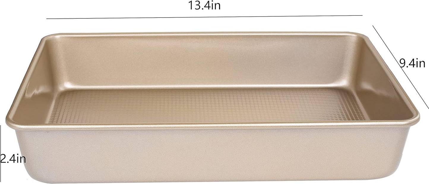 Kitcom Nonstick Roasting Pan for Baking, 13.4x9.4x2.4 Inch Cake Molds, Heavy Duty Rectangular Baking Pan for Oven, Champagne Gold
