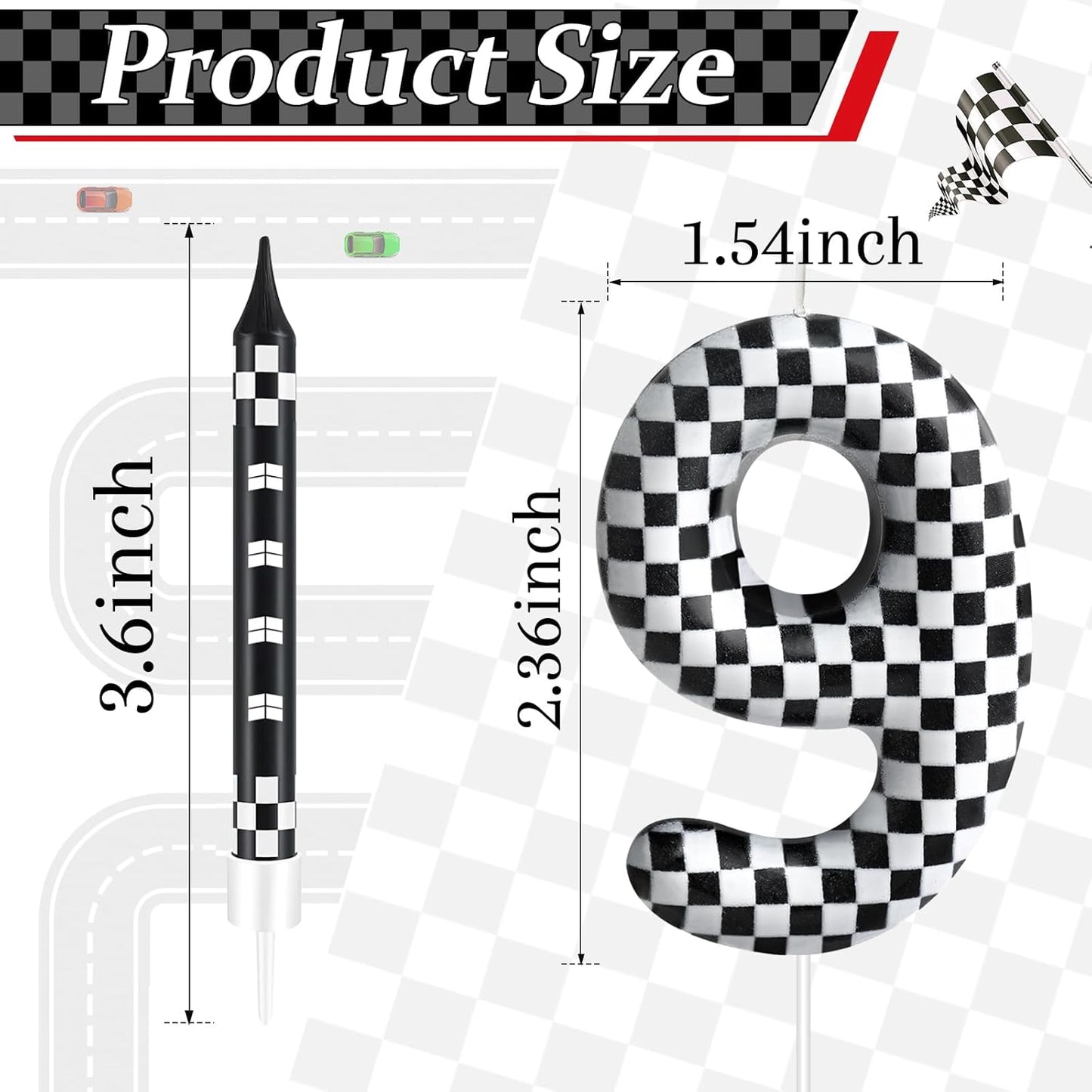 13 Pcs Racing Cars Themed Birthday Candles Black and White Race Number 9 Checkered Candle Cake Topper for Racing Car Party Decoration Supplies (Number 9)