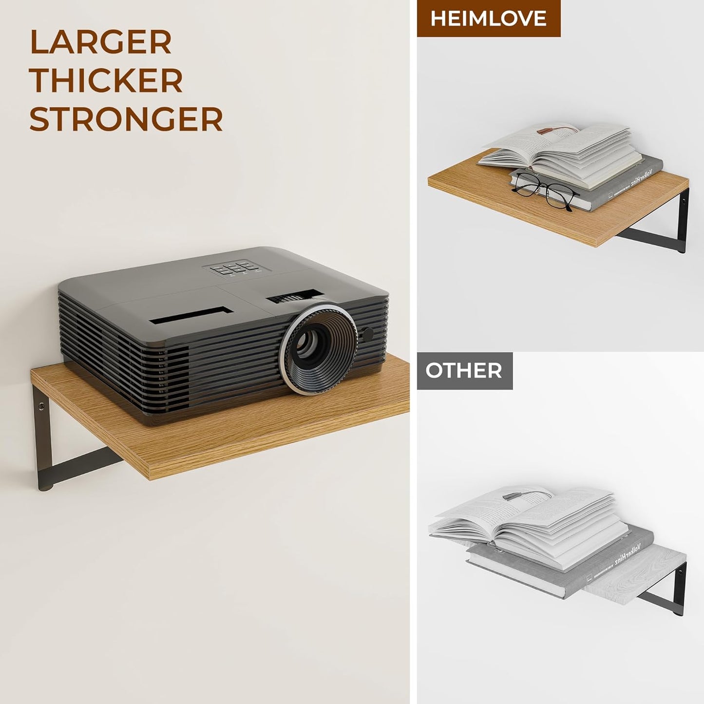 Heimlove Deep Floating Shelves for Wall, 12 Inch Deep Floating Shelves Set of 3, 16W x 12D Wood Wall Shelves, Wide Wood Shelves with Metal Bracket for Living Room, Kitchen, Office, Bedroom - Oak