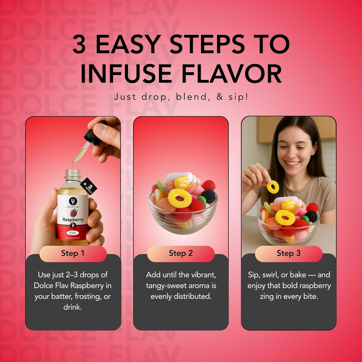 Dolce Flav Raspberry Extract (Oil-Soluble) 8 oz – Kosher, Sugar-Free, Concentrated Raspberry Flavoring for Chocolates, Candies & Baking, Includes Measured Dropper