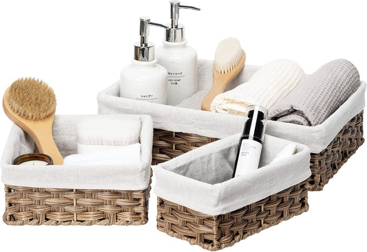 FairyHaus Wicker Baskets for Organizing, Waterproof Rectangle Small Storage Basket for Shelves, Nesting Lined Set of 3, Rustic Brown