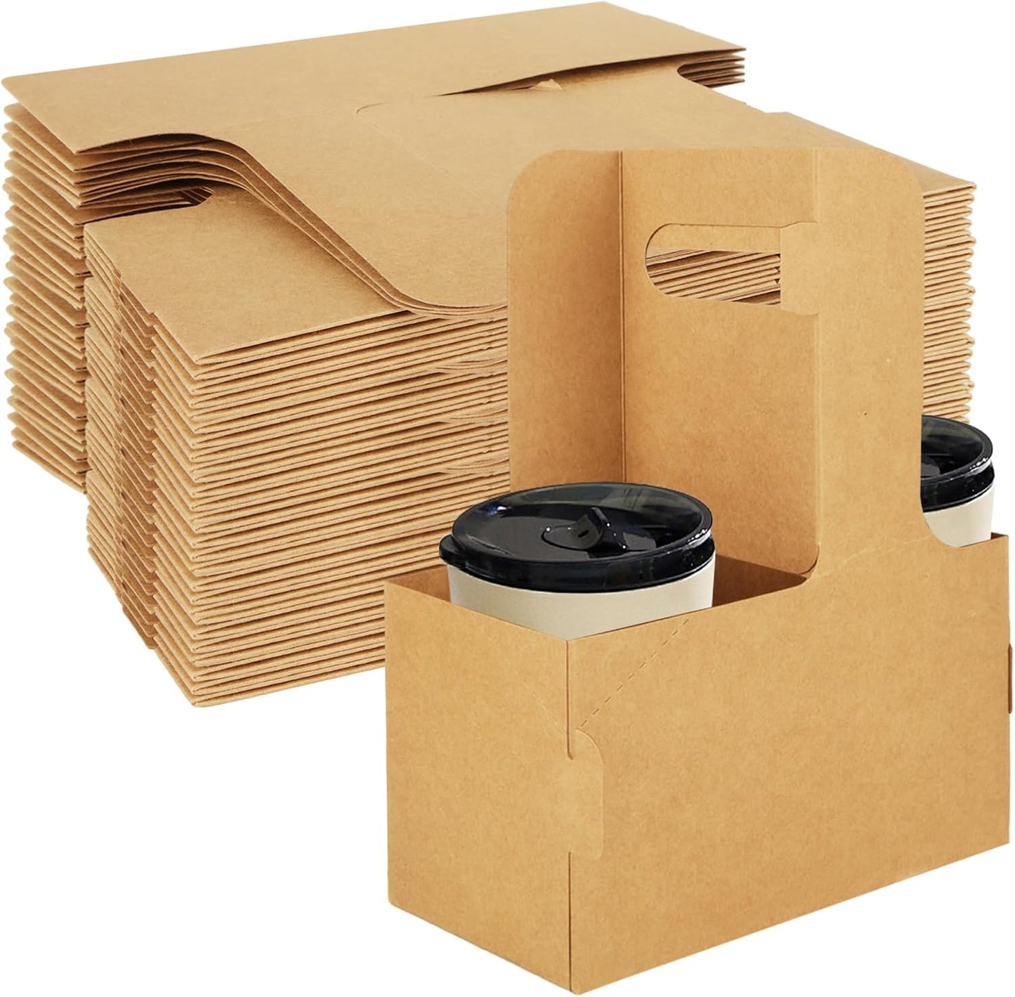 CertBuy 50 Pack 2 Cup Drink Carrier With Handle Kraft Paperboard Cup Holder Disposable Cup For Drinks, Takeout, Cafe And Restaurant Food Service Delivery