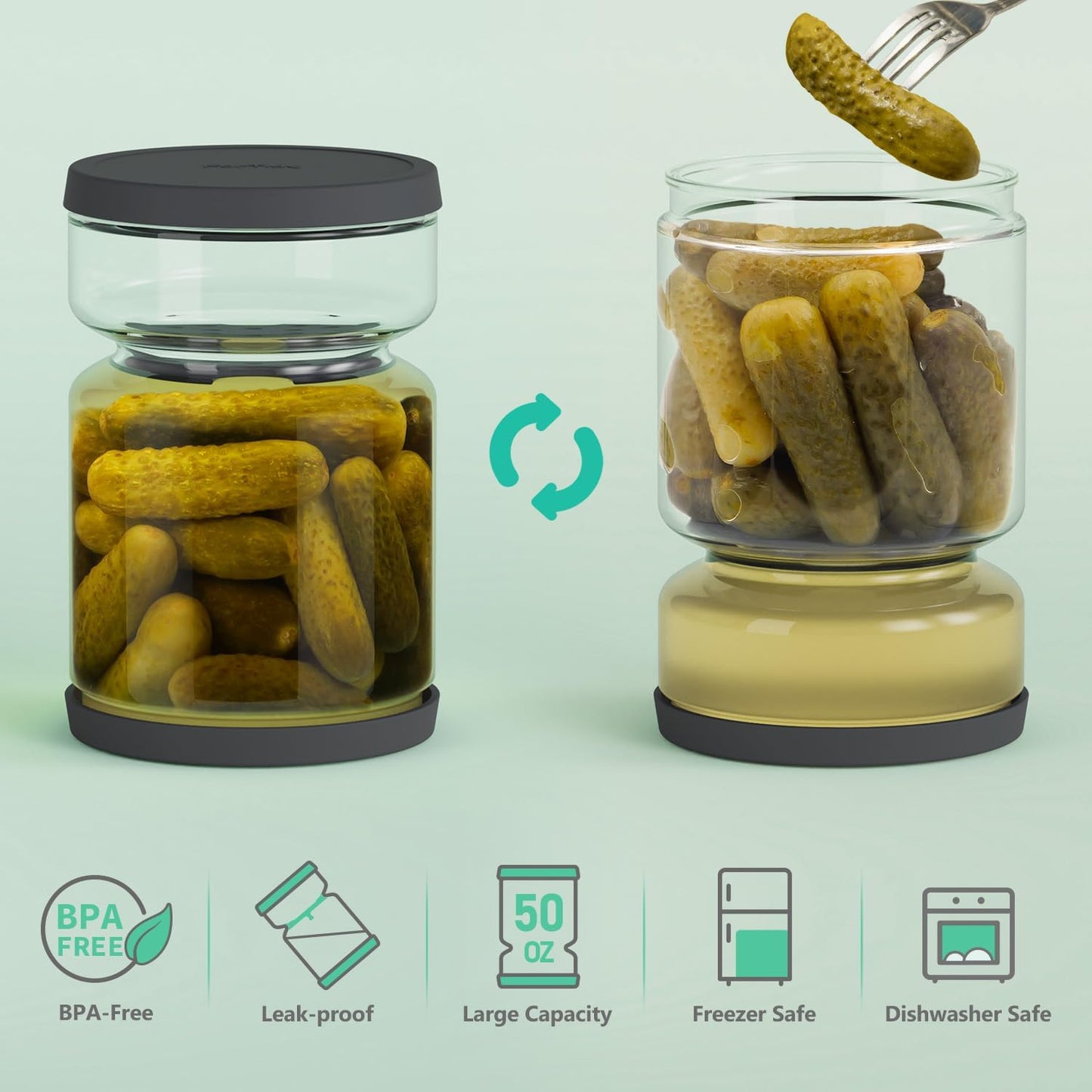 Airtight Glass Pickle and Olive Container - 50 OZ Jar with Strainer for Pickle Lover, Kitchen Organization Must-Have Versatile Food Keeper, BPA-Free, Dishwasher Safe (Midnight Blue)