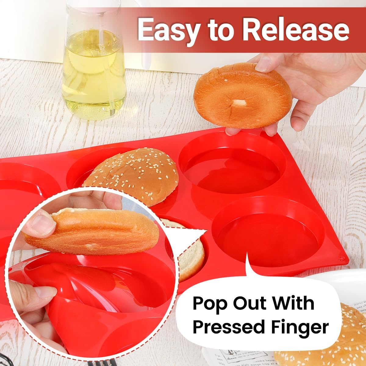 CAKETIME Muffin Top Pan, Jumbo Silicone Egg Molds for Breakfast Sandwiches 4 Inch Round Baking Pan for Oven English Muffins, Whoopie Pies, Corn Bread, Egg bites, Tarts 3 Pack Red