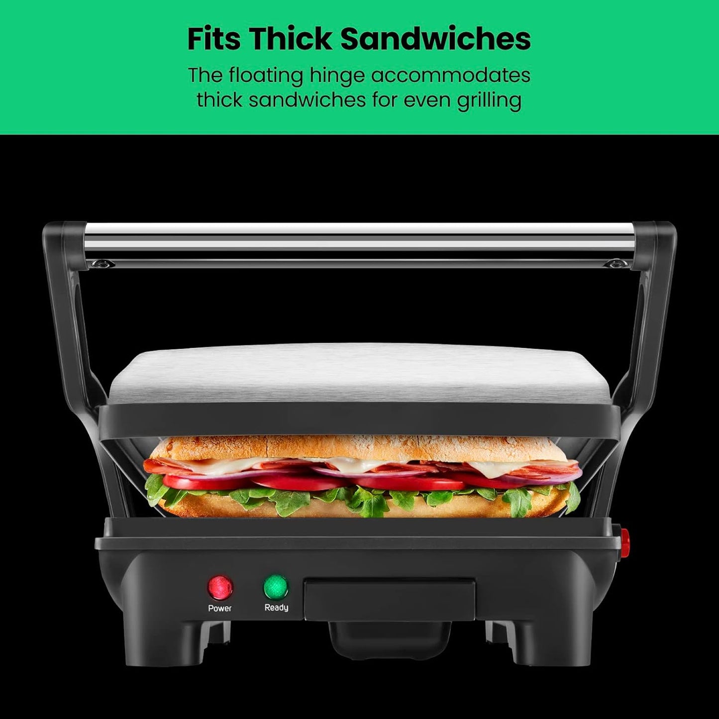 Chefman Panini Press Grill and Gourmet Sandwich Maker Non-Stick Coated Plates, Opens 180 Degrees to Fit Any Type or Size of Food, Stainless Steel Surface and Removable Drip Tray, 4 Slice, Black