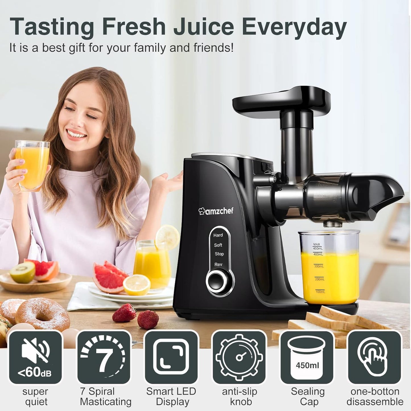 Juicer Machines, AMZCHEF Slow Cold Press Juicer with 2 Speed Modes, Travel bottles(500ML),Easy to Clean Brush & Quiet Motor for Vegetables & Fruits,Matte Black