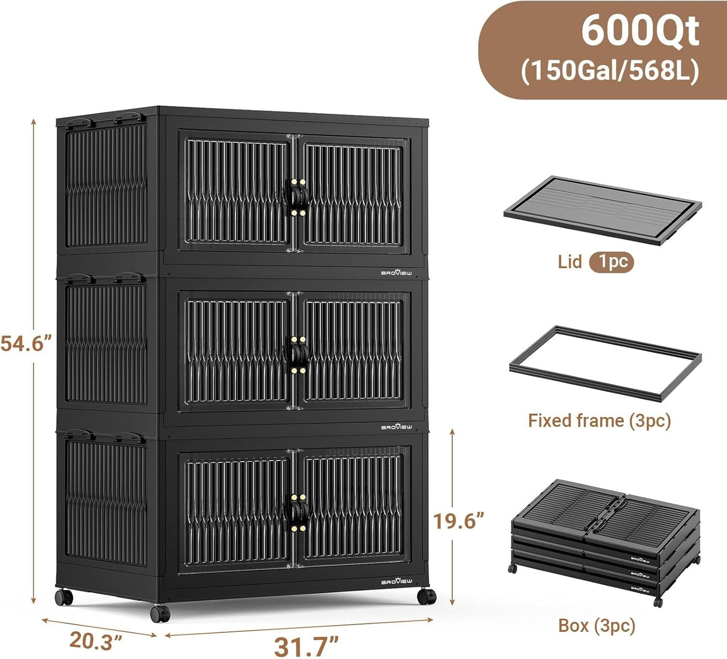 600Qt Extra Large Stackable Storage Bins with Lid, Closet Organizer Collapsible Drawer Boxes with Wheels, Folding Plastic Cabinet Containers for Home Kitchen Room Organization, 3Pack Black